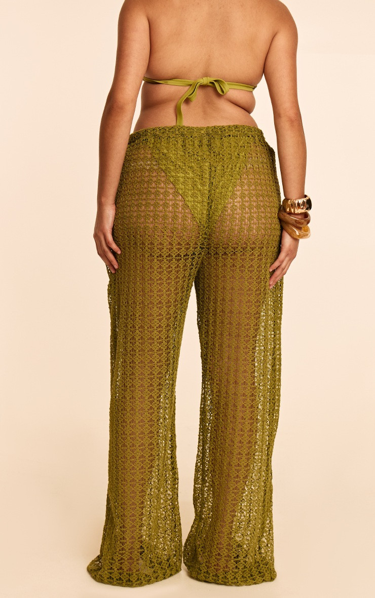 Plus Olive Crochet Low Waist Wide Leg Beach Pants | PrettyLittleThing US