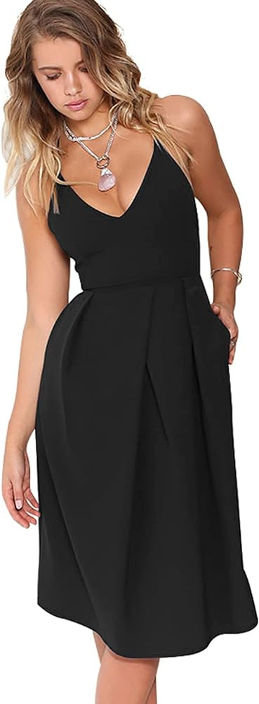 Eliacher Women's Deep V Neck Adjustable Spaghetti Straps Summer Dress Sleeveless Sexy Backless Pa... | Amazon (US)