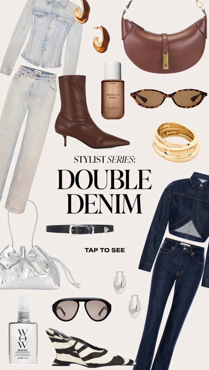 Double Denim outfit inspo. 🤎

#denim #boots #bag #accessories #denimjacket mules sunglasses earrings watch bangles lipstick 

#LTKgrwm #LTKOver40 #LTKootd