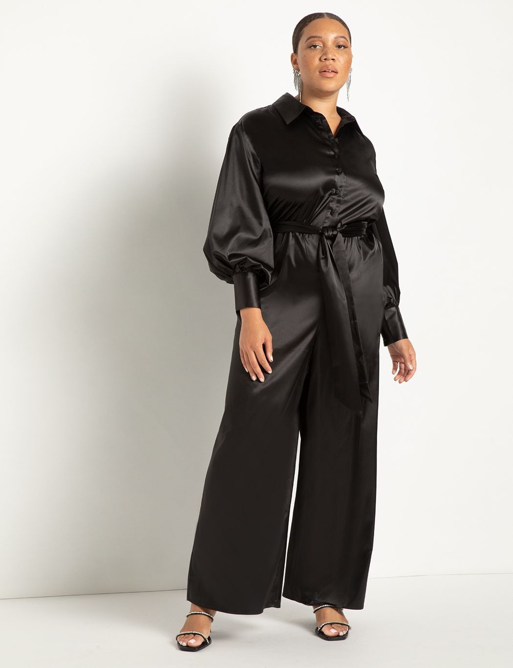 Satin Wide Leg Button Front Jumpsuit | Eloquii