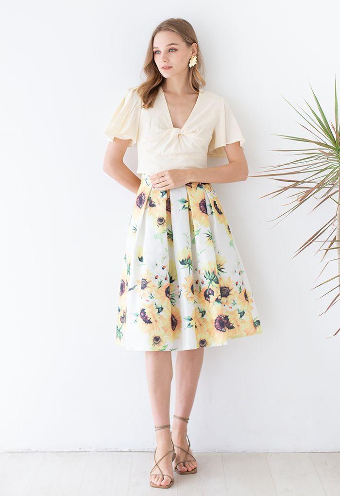 Flutter Sleeve Twist Front Cotton Crop Top in Cream | Chicwish