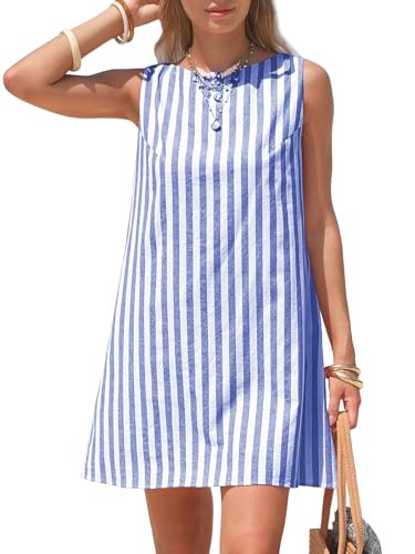 EXLURA Women Summer 100% Cotton Faux Linen Dresses Sleeveless Striped A-Line Mini Sundress Beach ... | Amazon (US)