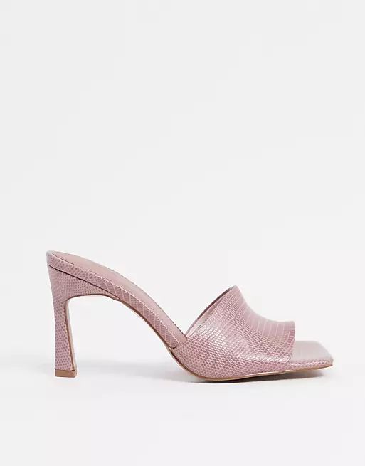 ASOS DESIGN Wide Fit Hattie mid-heeled mule sandals in blush lizard | ASOS (Global)