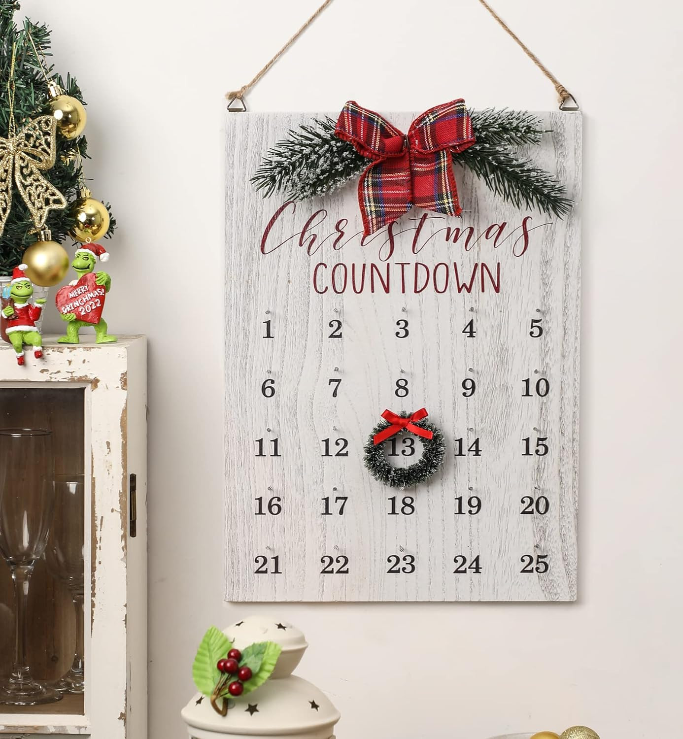 Christmas Countdown Calendar, Farmhouse Christmas Wreath Calendar, Vintage Advance Count Down to Christmas Sign, Xmas Wooden Hanging Decor for Wall Holiday (White) | Amazon (US)