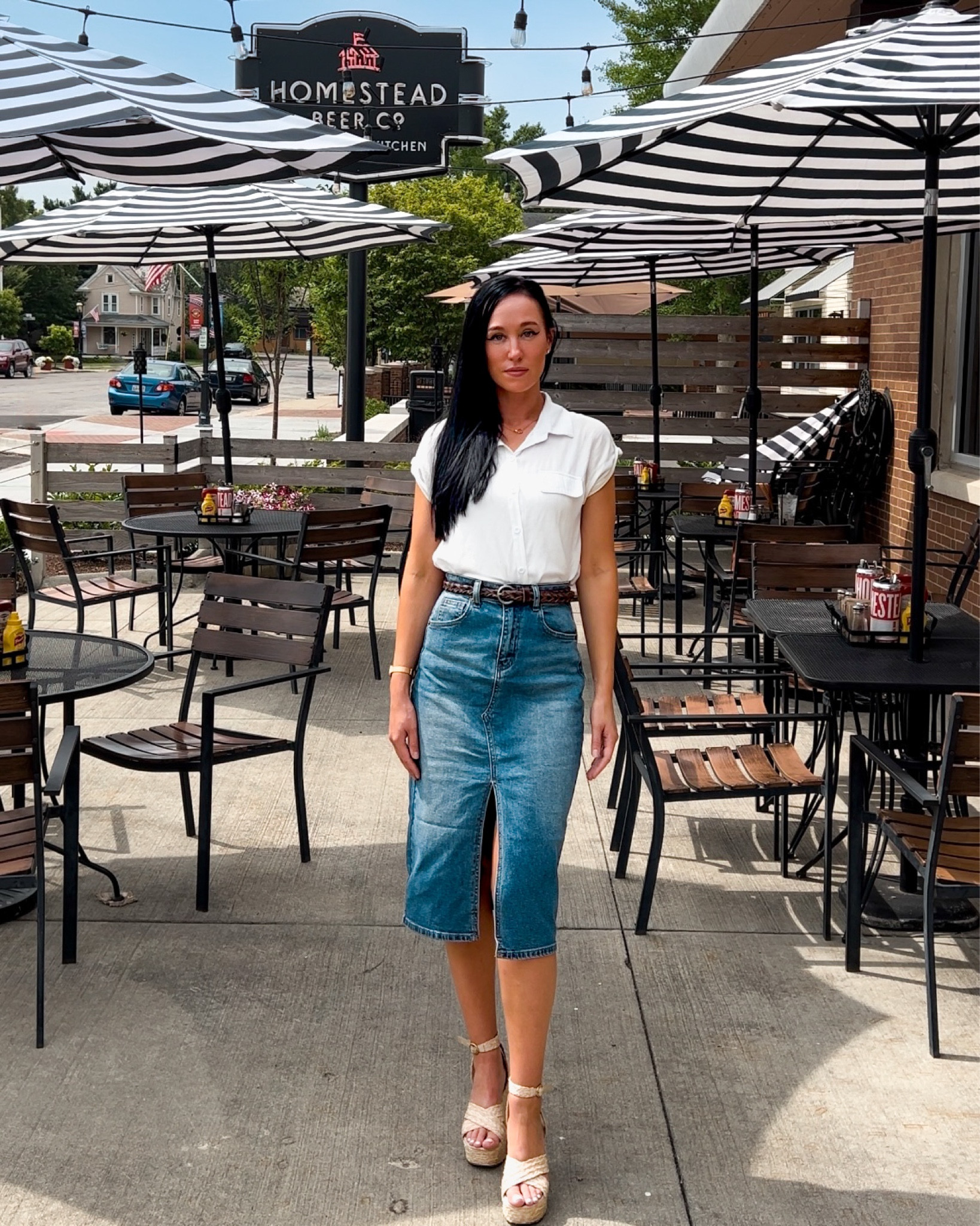 Jean maxi skirt, denim skirt, denim midi skirt, wedges, white top, summer outfit, white blouse, white short sleeve button down, summer fashion, fall fashion, casual outfit, denim skirt outfit 

#LTKStyleTip #LTKShoeCrush #LTKFindsUnder100