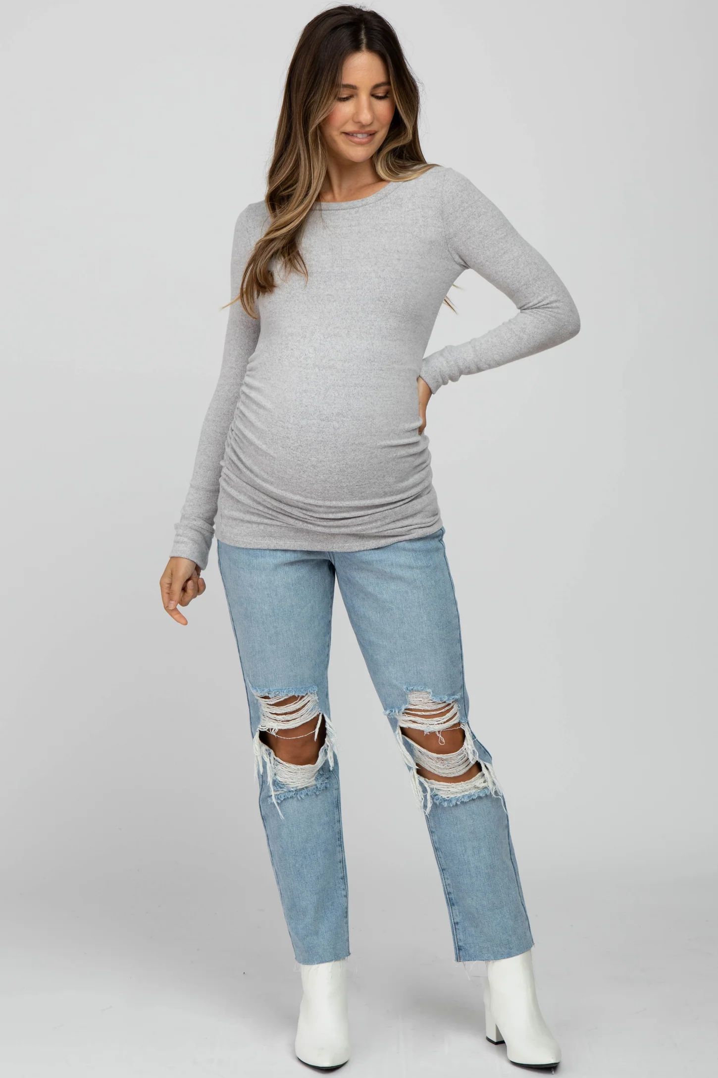 Heather Grey Soft Knit Ruched Maternity Top | PinkBlush Maternity