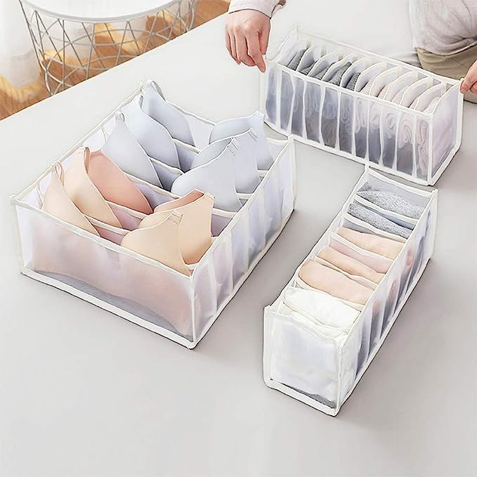 3 Set Underwear Organizer, Foldable Women Underwear Storage Compartment Box, White Underwear Draw... | Amazon (US)