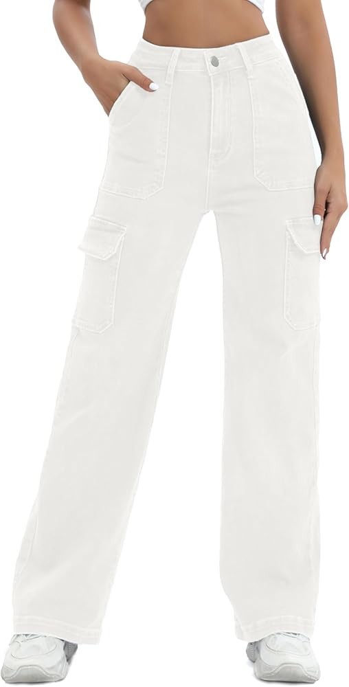 Women Cargo Jeans High Waist Y2K Straight Leg Trendy Stretchy Lightweight Jeans for Women | Amazon (US)