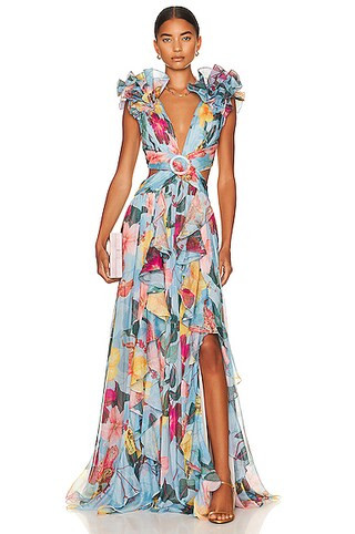 PatBO Hibiscus Flutter Sleeve Maxi Dress in Celeste | FWRD | FWRD 