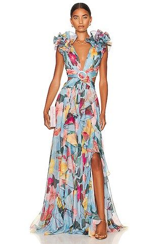 PatBO Hibiscus Flutter Sleeve Maxi Dress in Celeste | FWRD | FWRD 