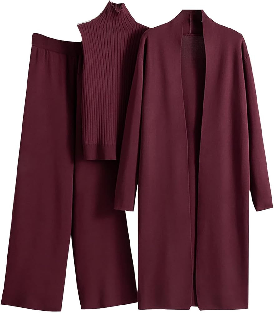 Women's 3 Piece Knit Lounge Set, Long Sleeve Cardigan Sleeveless Turtleneck Tank Top and Wide Leg... | Amazon (US)