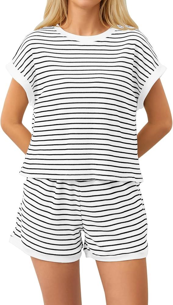 MISSACTIVER 2 Piece Lounge Set Women Stripe Knit Short Sleeve Tee Shirts Shorts Casual Summer Lou... | Amazon (US)