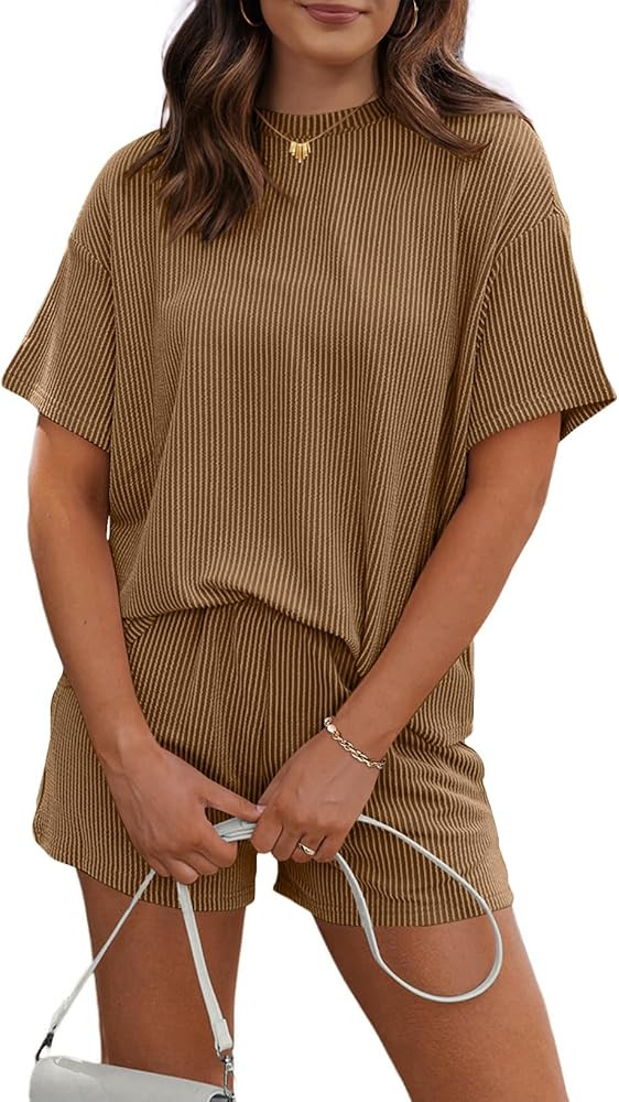 RUBZOOF Women's 2 Piece Sets Short Sleeve Outfits Ribbed Textured Knit Lounge Shorts Set Oversize... | Amazon (US)
