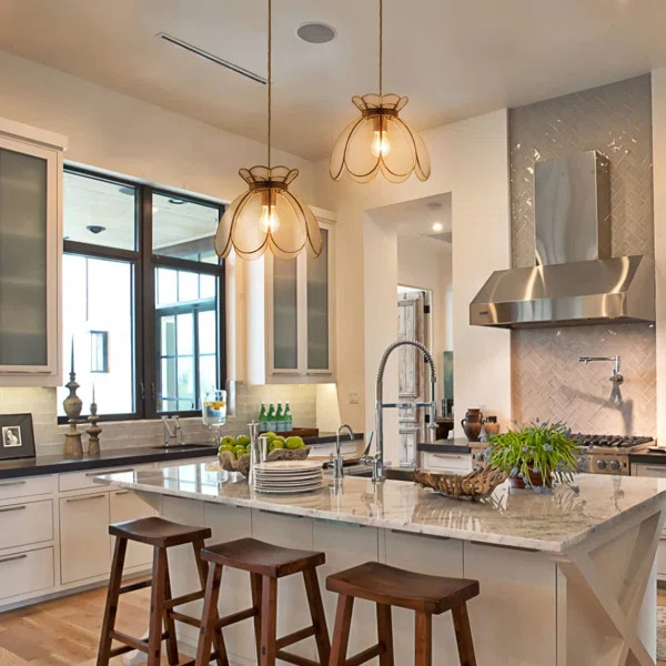 Adjustable Pendant Light Brass Vintage Glass Lotus Flower Ceiling Pendant Light For Kitchen Islan... | Wayfair North America