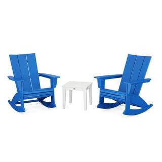 Modern Curveback Adirondack Rocking Chair Pacific Blue/White 3-Piece HDPE Plastic Patio Conversation Set | The Home Depot