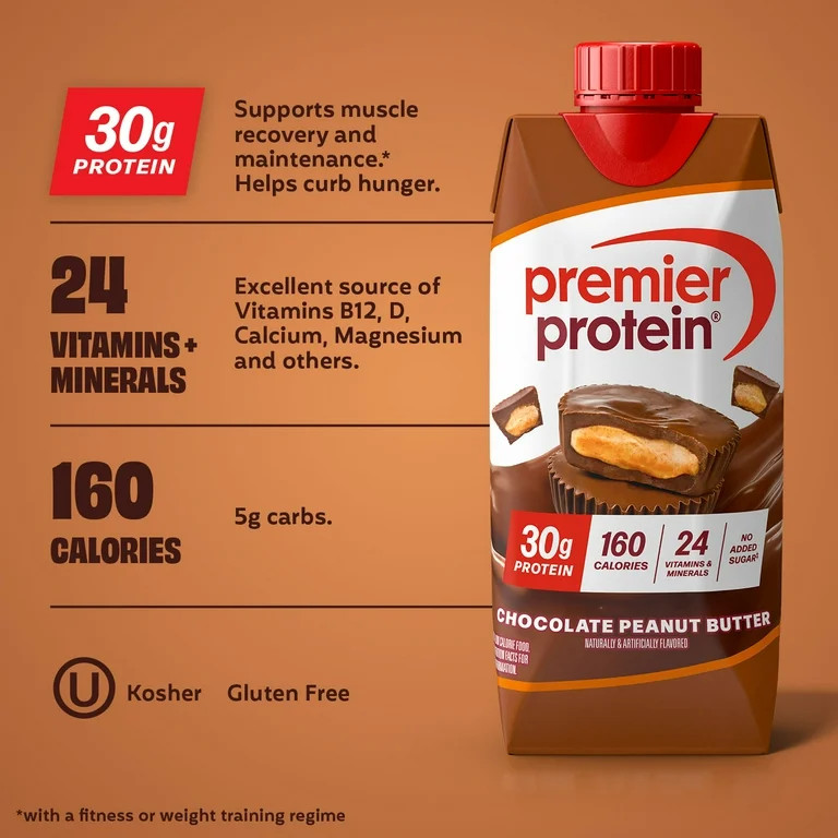 Premier Protein Shake, Chocolate Peanut Butter, 30g Protein, 11 fl oz, 12 Ct | Walmart (US)