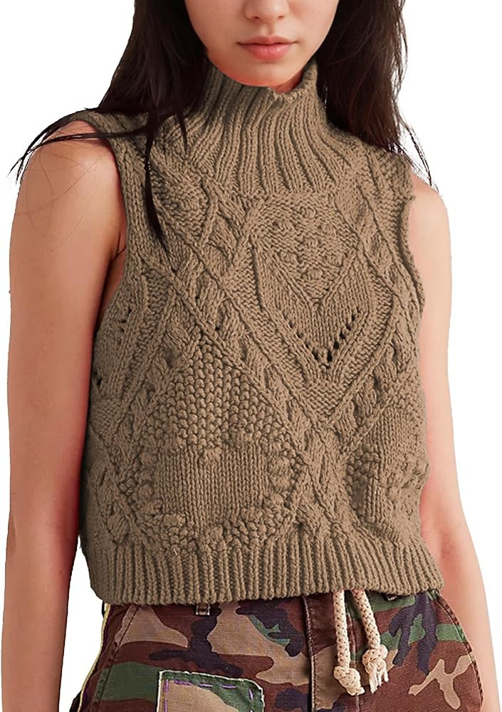 Hixiaohe Turtleneck Crochet Sweater Vest Fall Fashion Knit Sleeveless Tank Tops for Women Lightwe... | Amazon (US)