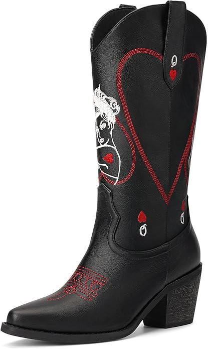 Women's Mid Calf Cowboy Boots - Western Cowgirl Boots with Queen of Hearts Embroidery, Stitched P... | Amazon (US)