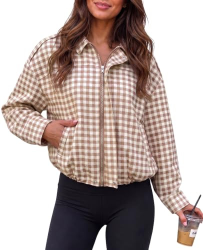 Fisoew Womens Zip Up Checkered Jackets Casual Collared Fall Cropped Coat | Amazon (US)