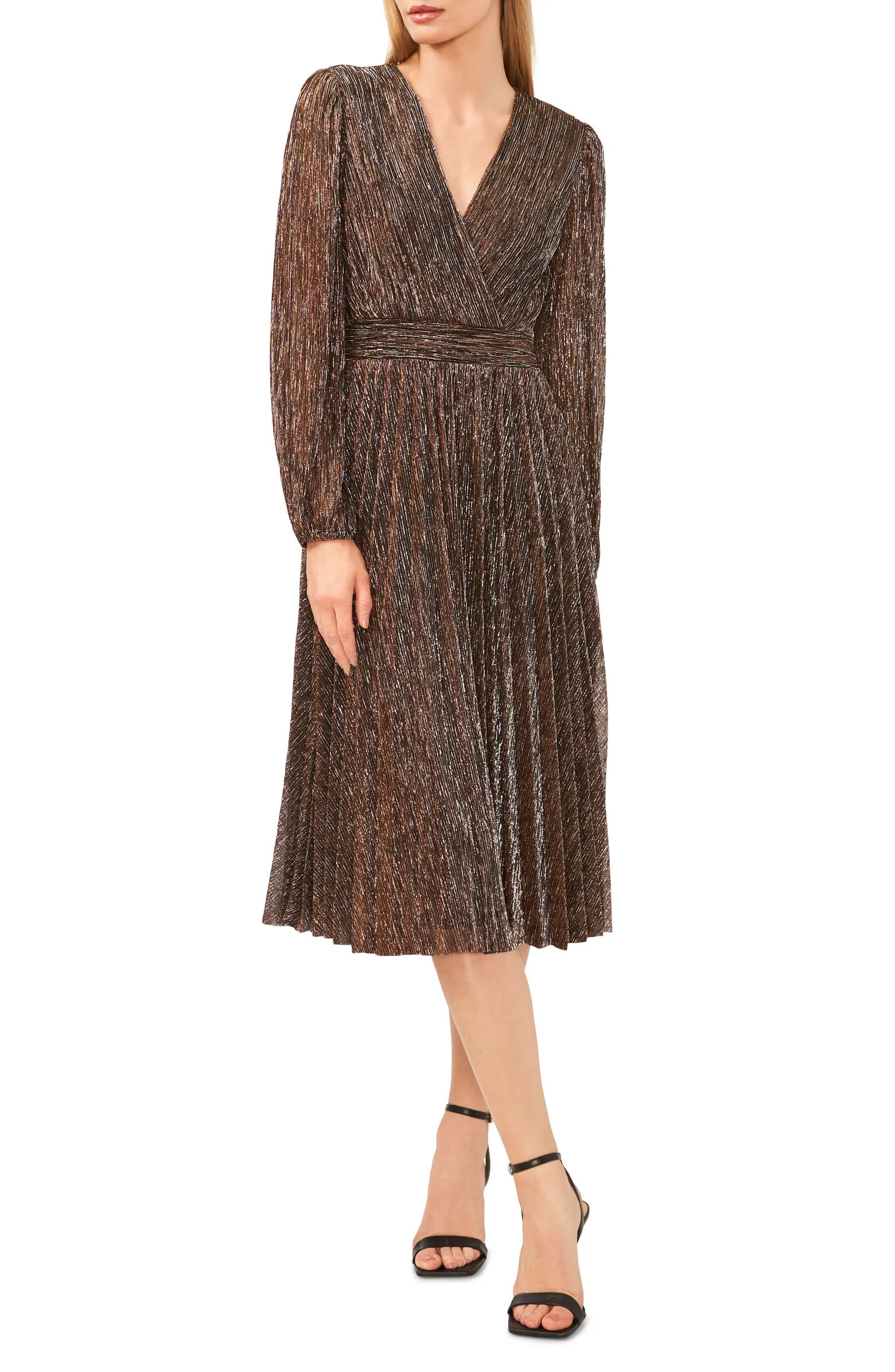 Long Sleeve Metallic Plissé Midi Dress | Nordstrom