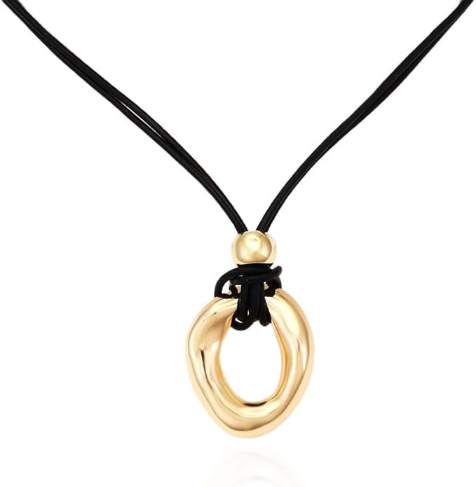 Women's Metallic Oval Geometric Chunky Sim Pendant Leather Chain Golden Silver Charm Beachy Trend... | Amazon (US)