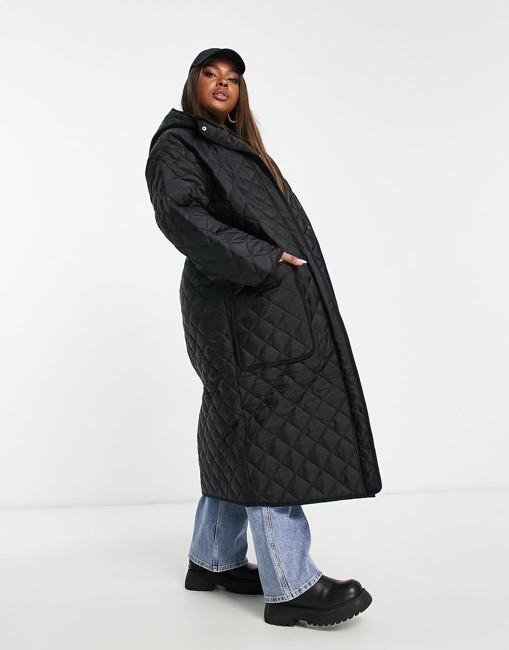 ASOS DESIGN Curve longline quilted coat in black | ASOS (Global)