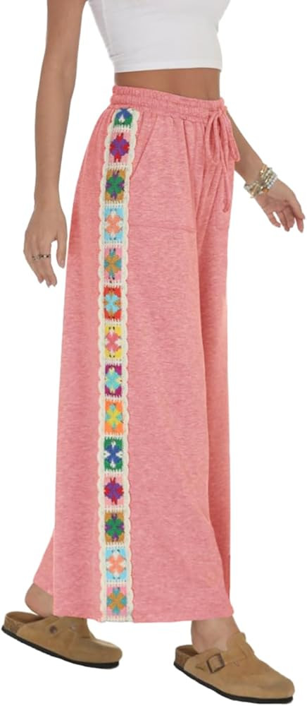 Womens Wide Leg Pants Stretch Casual Drawstring Waist Loose Lounge Sweatpants Crochet Panel Pant ... | Amazon (US)