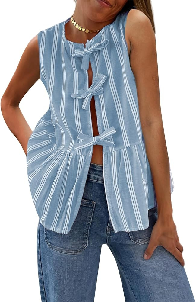 Bow Tie Front Tank Tops for Women Y2k Striped Badydoll Tops Sleeveless Ruffled Vest Tops Peplum T... | Amazon (US)