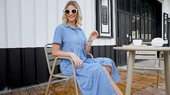 luvamia Denim Dress for Women Button Down Long Jean Shirt Vacation Dresses Babydoll Tiered Casual... | Amazon (US)