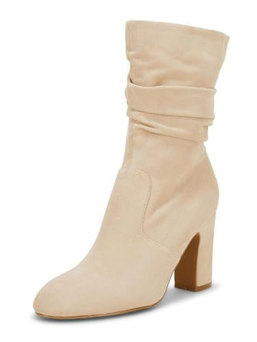 Women's Mid Calf Slouchy Boots Suede High Heel Zip Stacked Chunky Block Round Toe Booties Beige Size 11 | Amazon (US)