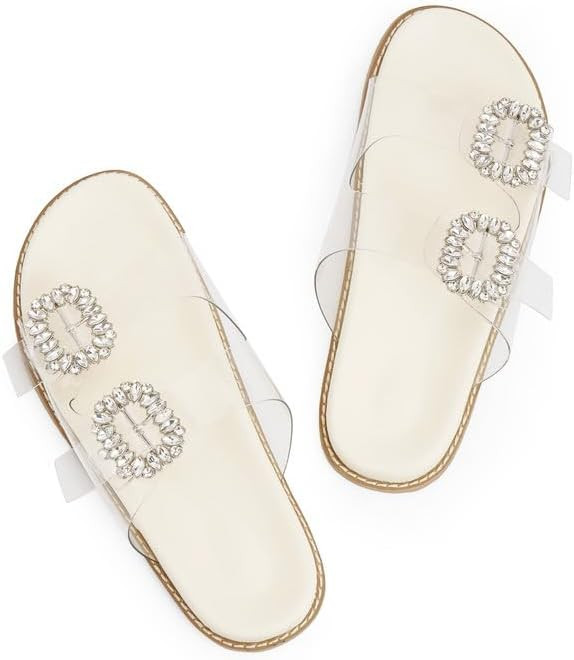 QIY Slide Sandals for Women Rhinestone Flat Platform Sandals Soft Footbed Comfortable Walking Gir... | Amazon (US)