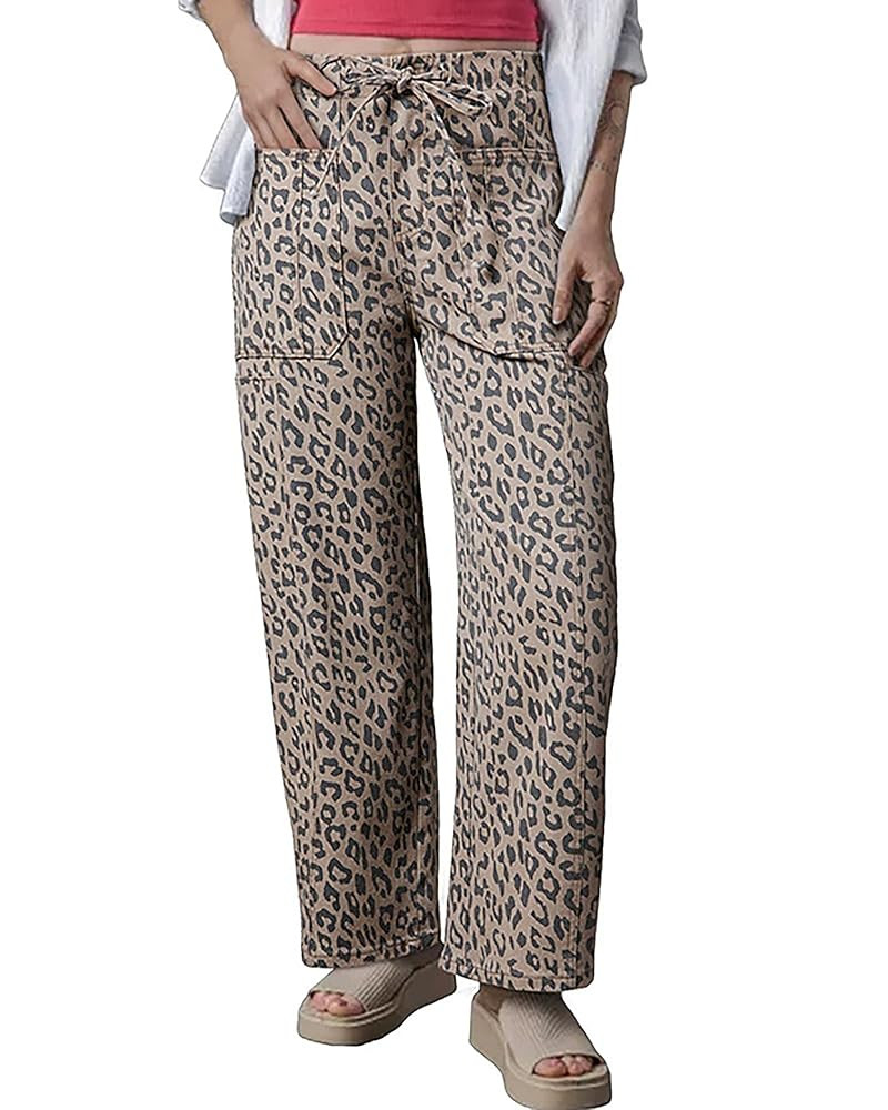 Women's Drawstring Straight Leg Jeans Elastic High Waisted Leopard Printed Wide Leg Denim Pants | Amazon (US)