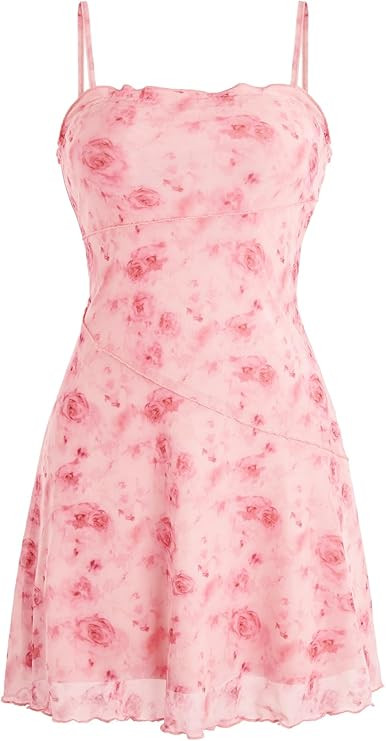 Verdusa Women's Mini Dress Floral Spaghetti Strap Mesh Short Dresses Going Out Sundress Y2k Gothi... | Amazon (US)