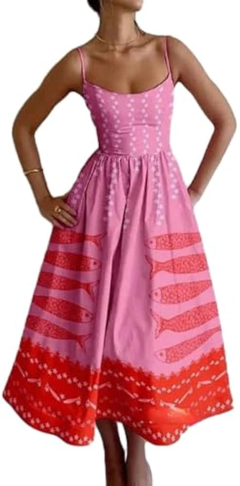 Women's Retro Midi Dress Spaghetti Strap Sweetheart Neck Fitted Bodice Flared Skirt Pocket Vacati... | Amazon (US)