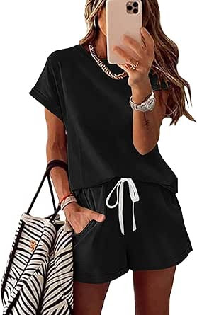 MEROKEETY Women's Summer Short Sleeve Crew Neck Pajama Set Solid Color Tracksuits Outfits | Amazon (US)