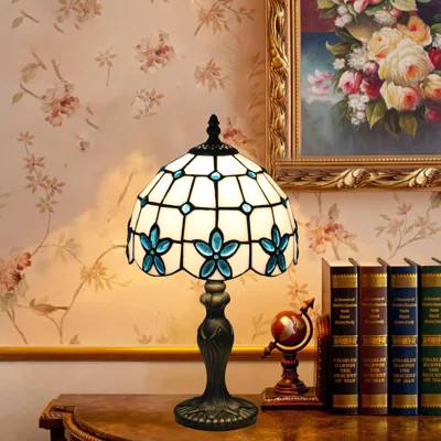 Tiffany Style Stained Glass Table Lamp With Blue Flower Design, Handcrafted Resin Base LED Bedside Lamp For Bedroom Living Room Home Office Decor | Wayfair North America