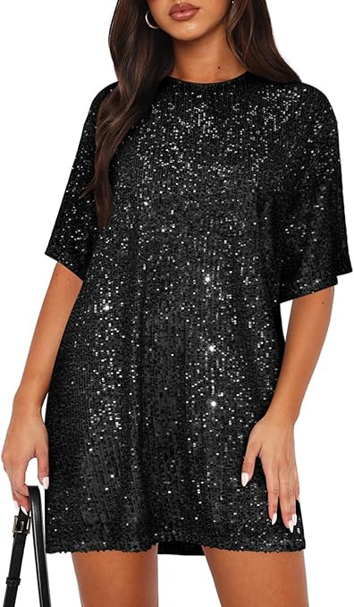 Women's Crew Neck Sequin Dress for Women Sexy V Neck Shirt Dress Sparkly Half Sleeve Loose Party ... | Amazon (US)