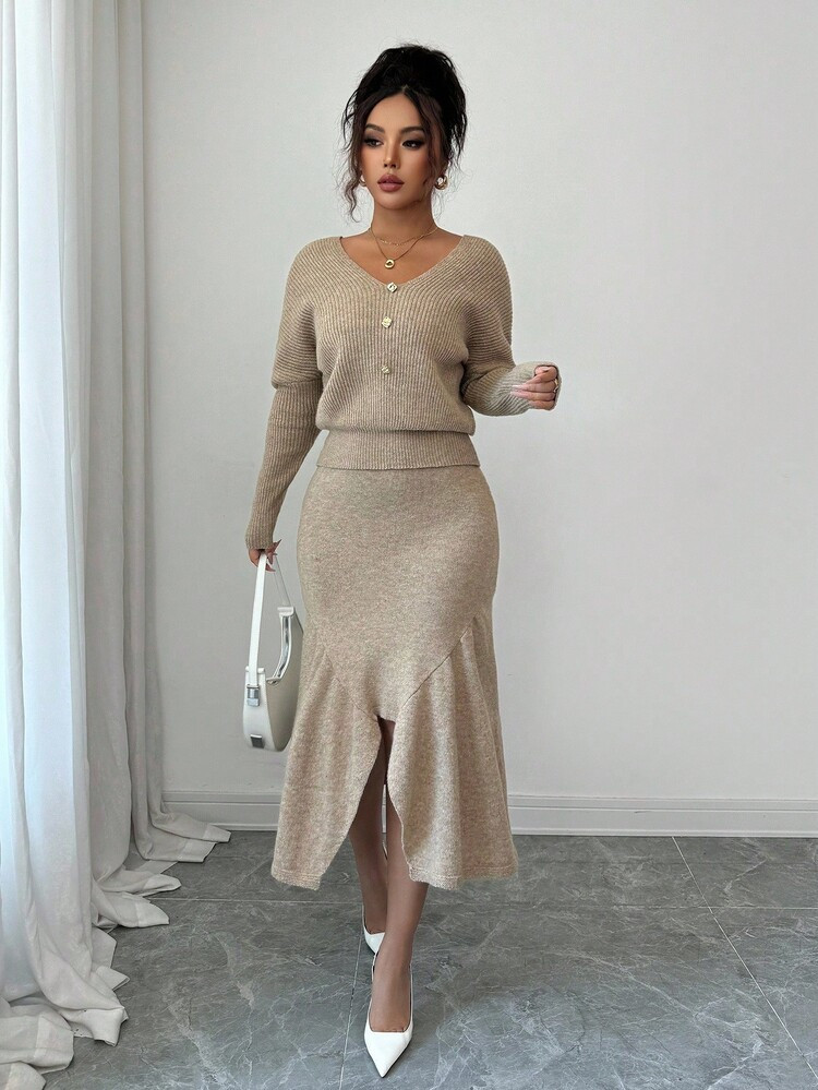 Elenzga Women's Solid Color Elegant Batwing Sleeve Sweater And Asymmetric Hem Knitted Midi Skirt ... | SHEIN