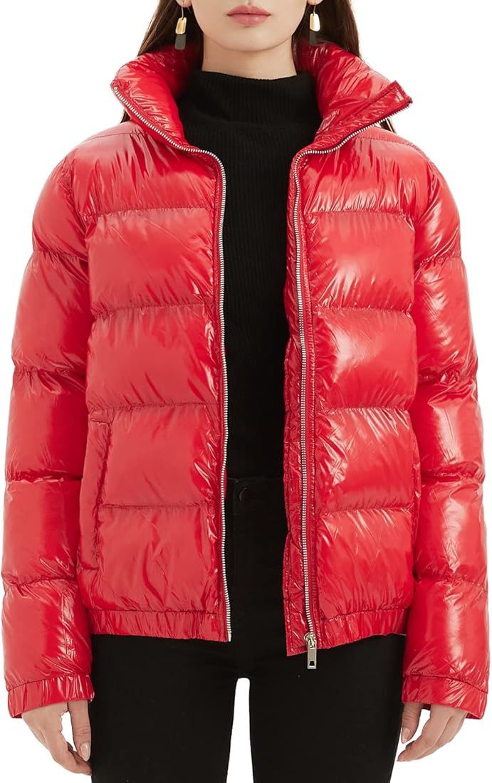 Dina Weis Women's Casual Quilted Shiny Padded Puffer Jacket Winter Warm Zip Short Bubble Coat | Amazon (US)