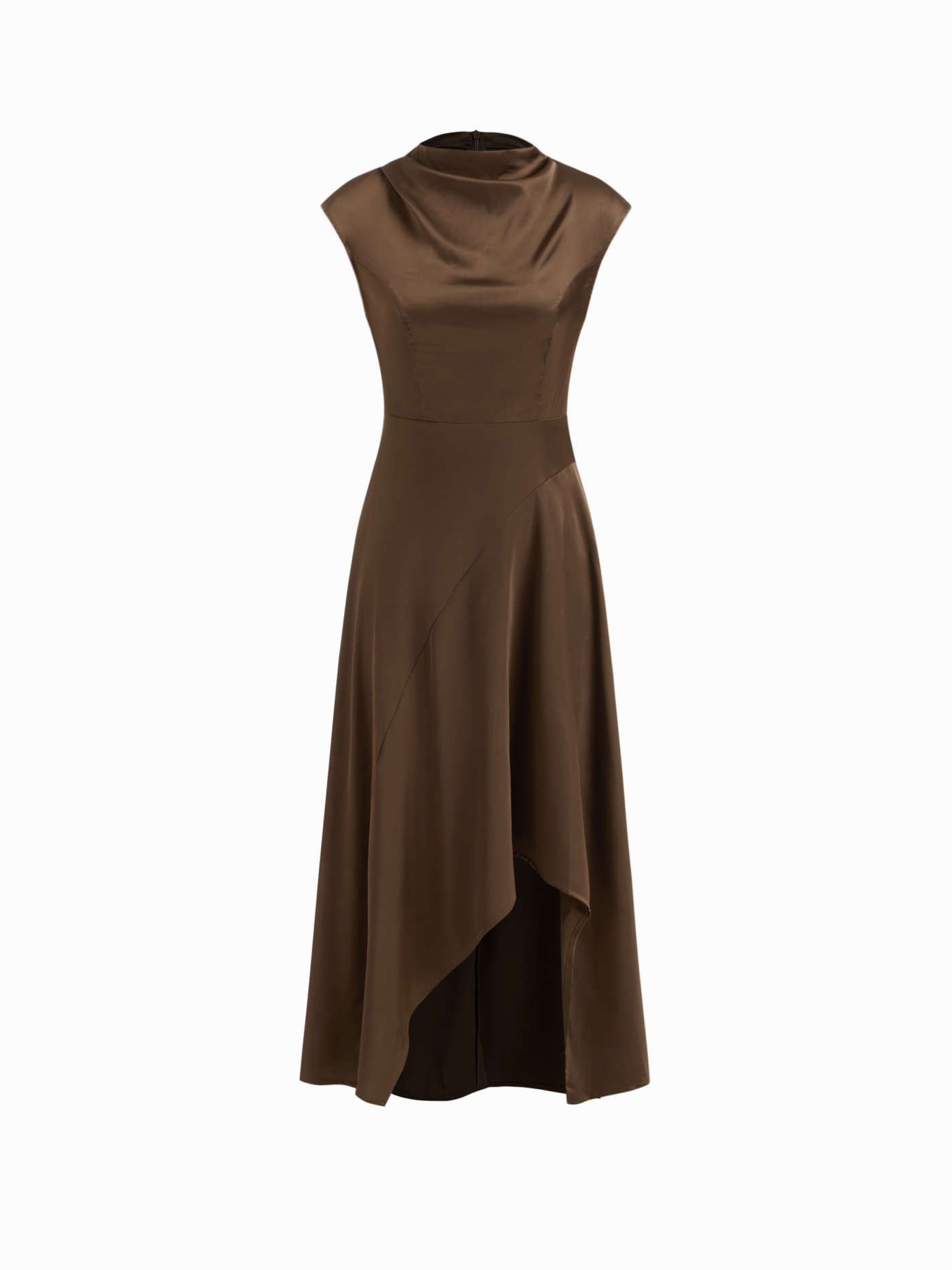 Satin Stand Collar Short Sleeve Asymmetrical Hem Midi Dress | Cider