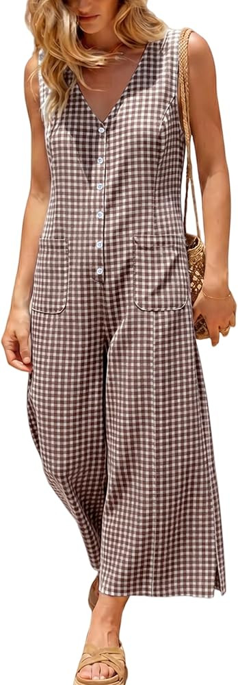 UANEO Women's Button Down Gingham Plaid Jumpsuit Casual Daily Sleeveless Wide Leg Romper Relaxed ... | Amazon (US)
