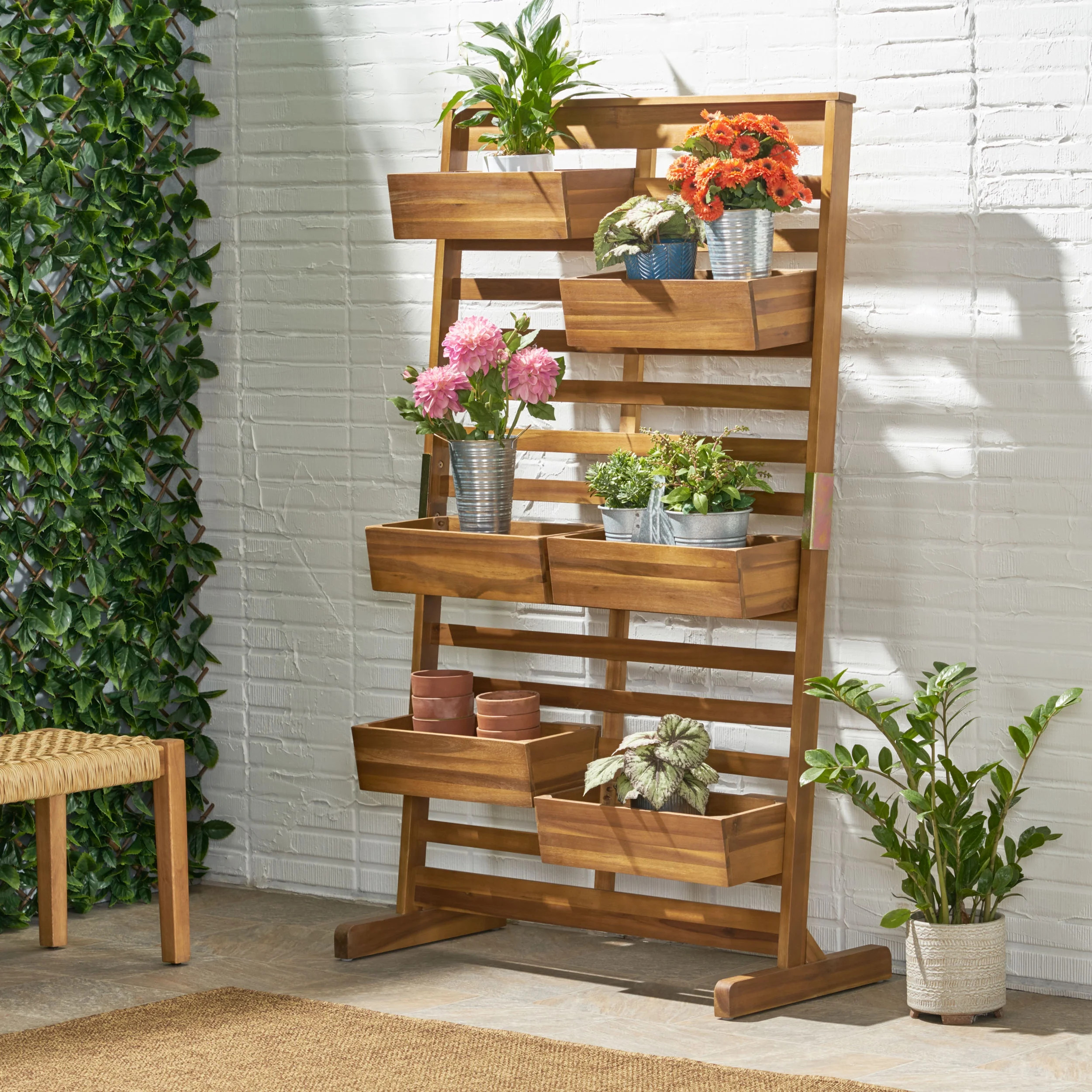 Pineview Outdoor Customizable Acacia Wood Plant Stand, Teak - Walmart.com | Walmart (US)