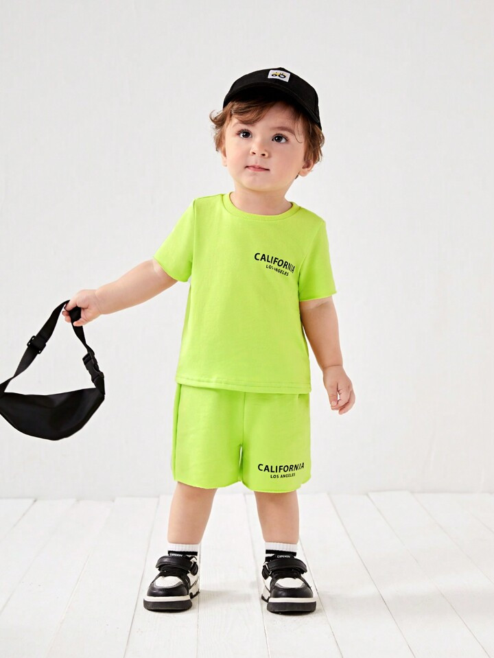SHEIN Baby Boy Sporty Knit Letter Print Short Sleeve T-Shirt And Elastic Waistband Shorts Set | S... | SHEIN