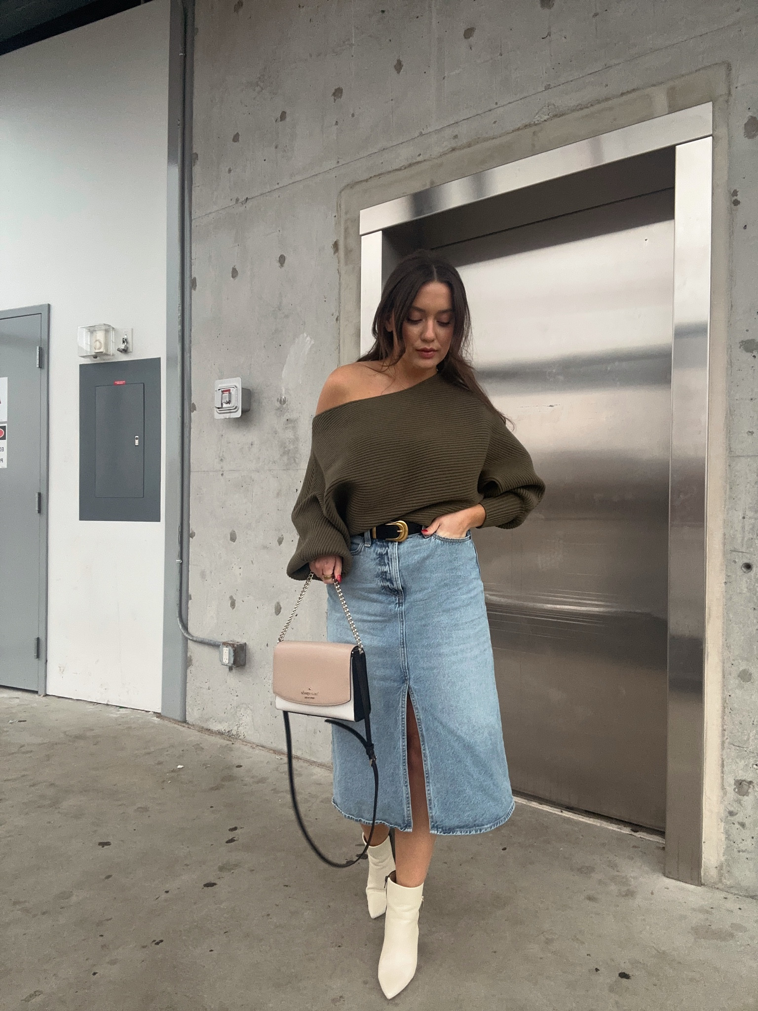 Off the shoulder sweater - medium 
Maxi denim skirt - medium 

Love this look for winter! 