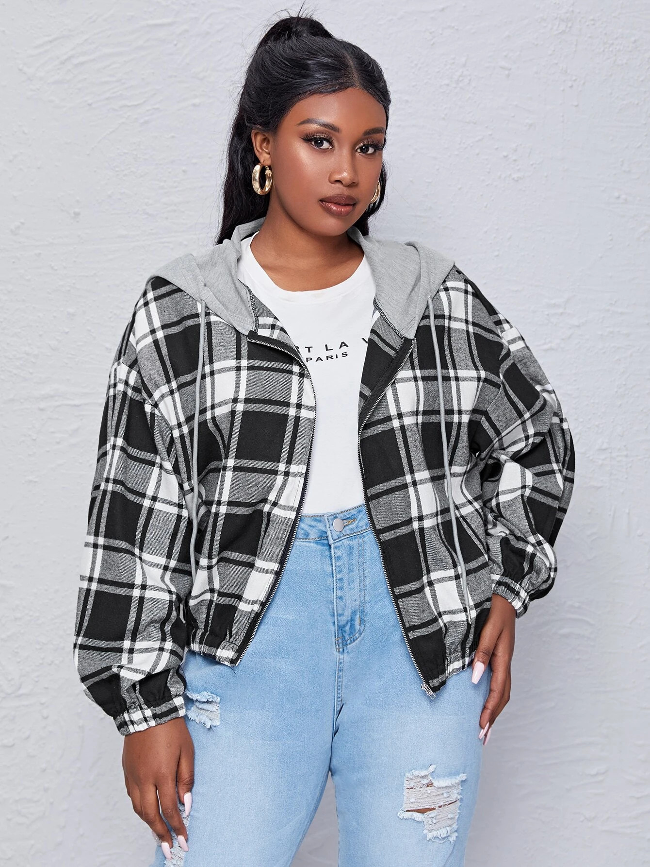 SHEIN Plus Contrast Drawstring Hooded Plaid Jacket | SHEIN