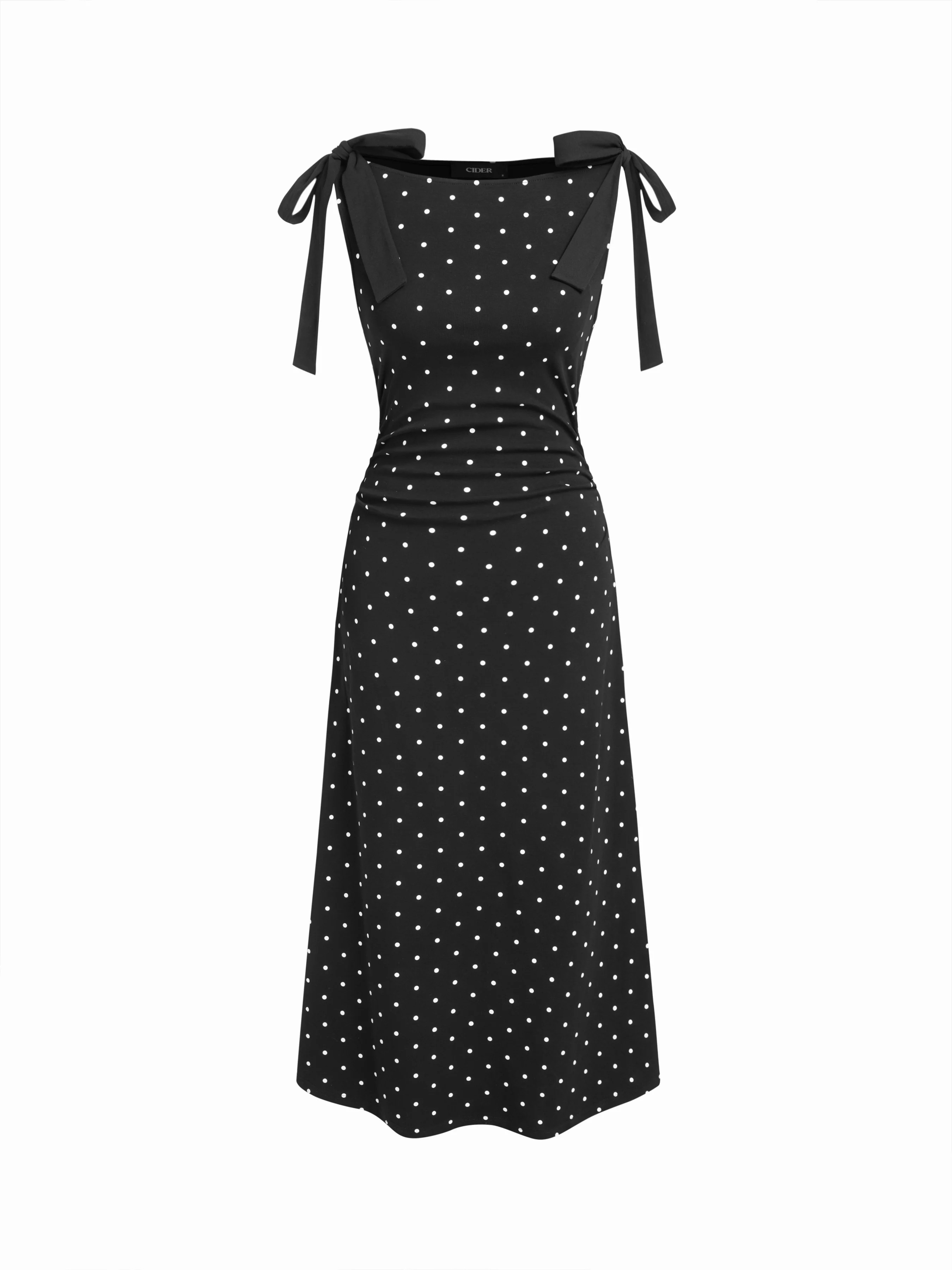 Valentine Knit Fabric Cotton-blend Boat Neck Polka Dot Bowknot Midi Dress For Daily Casual Date P... | Cider