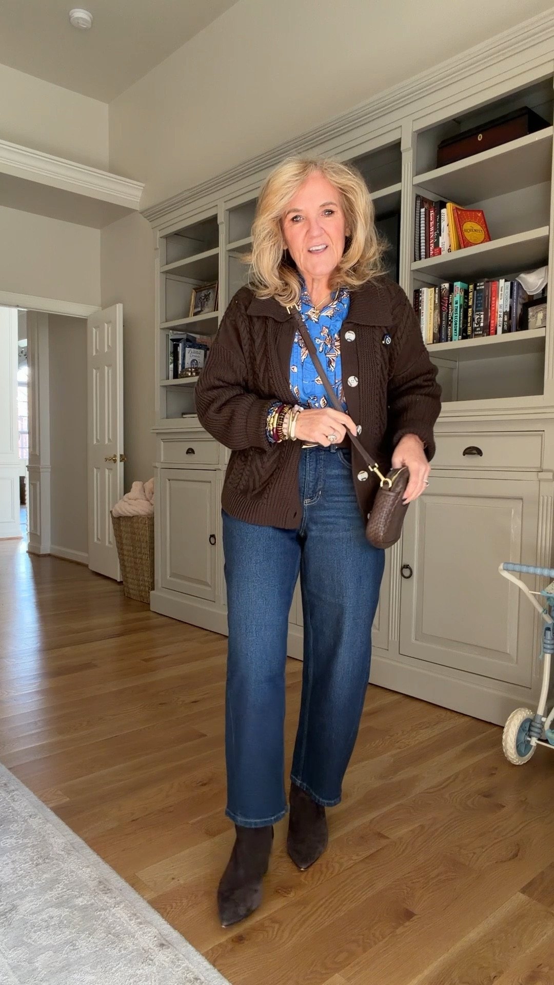 @spanx barrel jeans size medium petite 
Blouse I’ll link similar 
Sweater sized down to a small 
Boots size up 1/2 
Bag is restocked! 
Allie & Bess 25% off code NANETTE25


#LTKOver40 #LTKPetite #LTKootd