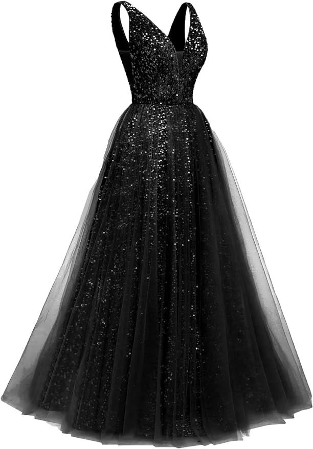 Prom Dresses Long 2024 New Sparkly Sequin Tulle A Line V Neck Formal Evening Dress,R177 | Amazon (US)
