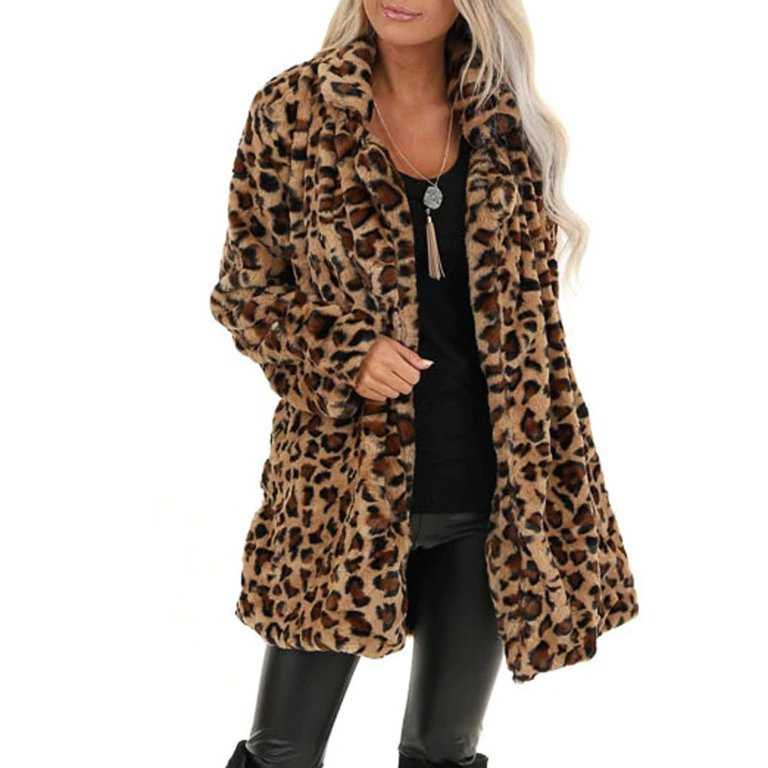Cyber Monday Deals matoen Women's Leopard Faux Fur Pocket Fuzzy Warm Winter Oversized Outwear Lon... | Walmart (US)