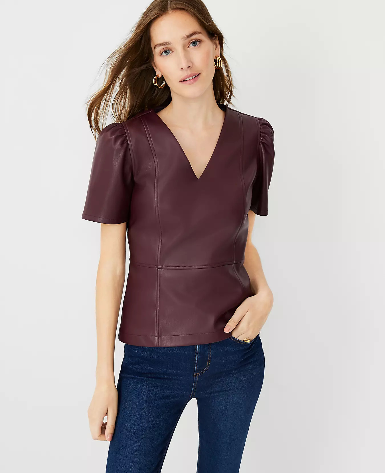Faux Leather Puff Sleeve Peplum Top | Ann Taylor (US)